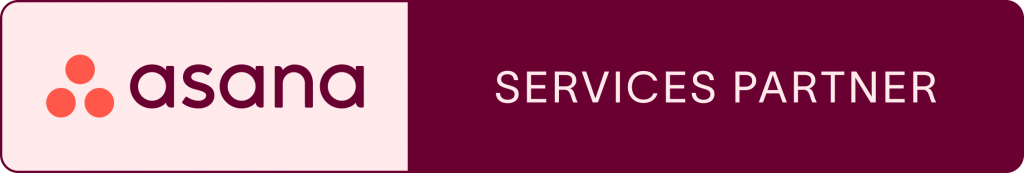 The image shows the Asana logo; 3 orange dots in triangular formation followed by the word "Asana" written in lower case. Next to the logo is an area with an dark purple back ground with the words "Services Partner" written in upper case. The purpose of the image is to demonstrate that Wolfworx is an accredited services partner for Asana.